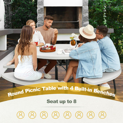 8-Person Outdoor Picnic Table and Bench Set with Umbrella Hole-White