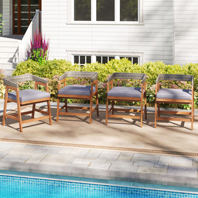 Outdoor Acacia Wood Patio Wicker Dining Chairs Set of 4 with Seat Cushion-Gray