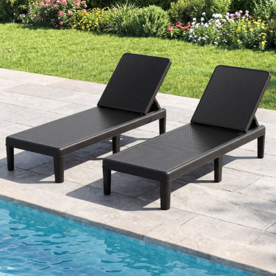Outdoor Chaise Lounger Chair with Waterproof Rattan Textured PP Surface Set of 2-Black
