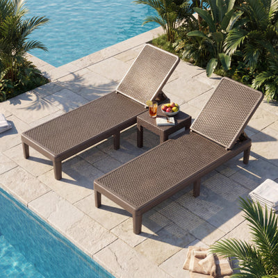 Outdoor Chaise Lounger Chair with Waterproof Rattan Textured PP Surface Set of 2-Brown
