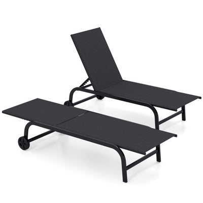 Outdoor Chaise Lounge Chair with Wheels and Metal Frame-Black