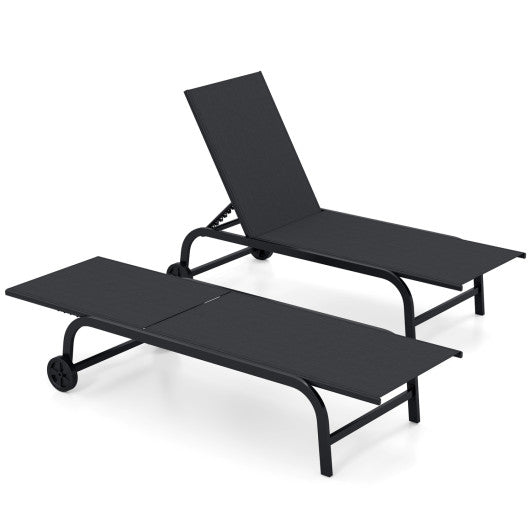 Outdoor Chaise Lounge Chair with Wheels and Metal Frame-Black