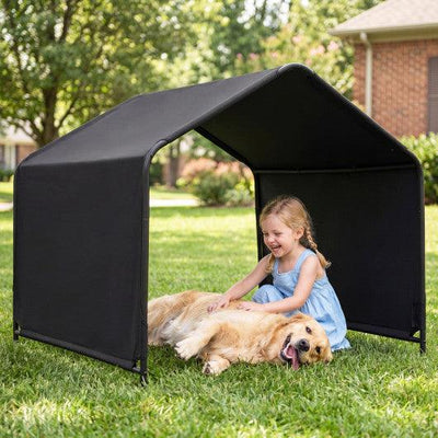 Outdoor Dog Shade Shelter with Waterproof Roof and Ground Stakes for Deck-Black
