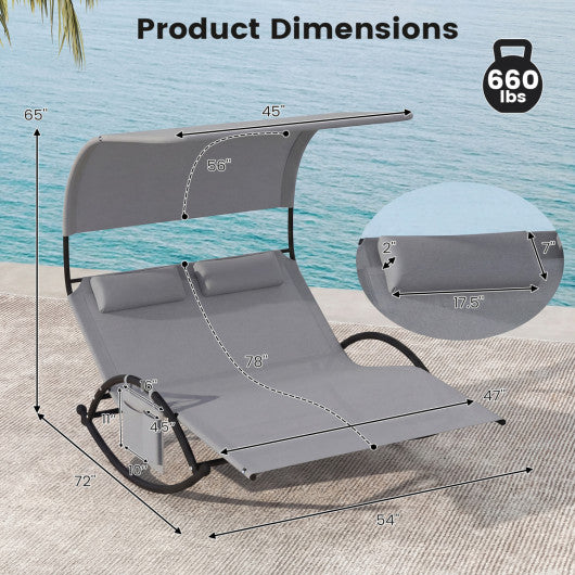 Outdoor Dual Rocker Sunbed 2-Person Canopied Patio Lounger with Detachable Headrests-Gray