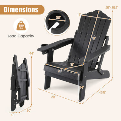 Outdoor Folding Adirondack Chair with Cup Holder and 5-Level Backrest-Black