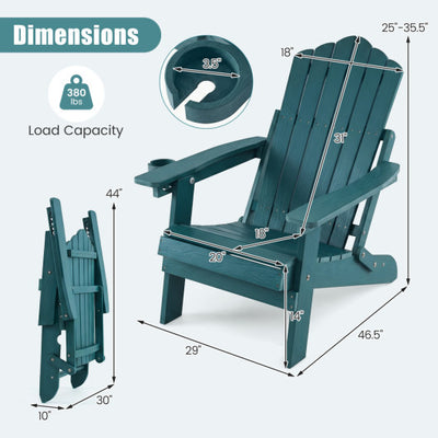 Outdoor Folding Adirondack Chair with Cup Holder and 5-Level Backrest-Green
