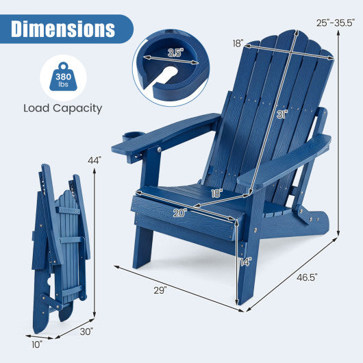 Outdoor Folding Adirondack Chair with Cup Holder and 5-Level Backrest-Navy
