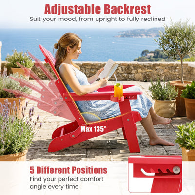 Outdoor Folding Adirondack Chair with Cup Holder and 5-Level Backrest-Red