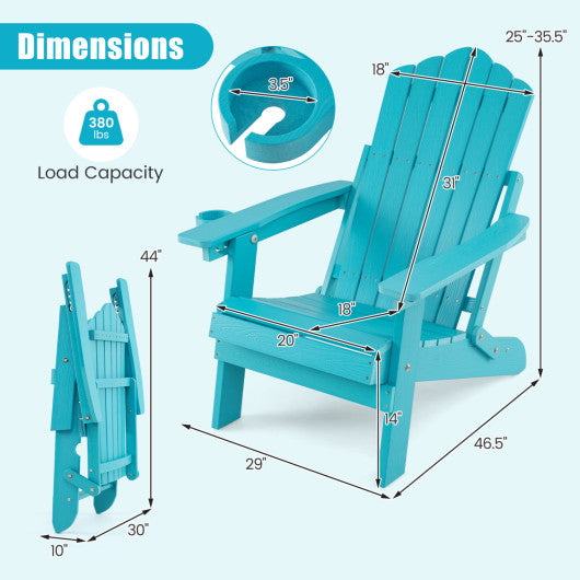 Outdoor Folding Adirondack Chair with Cup Holder and 5-Level Backrest-Turquoise