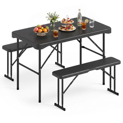 Outdoor Folding Table Bench Set w All-Weather HDPE Tabletop and Sturdy Metal Frame-Black