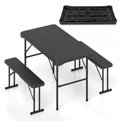 Outdoor Folding Table Bench Set w All-Weather HDPE Tabletop and Sturdy Metal Frame-Black