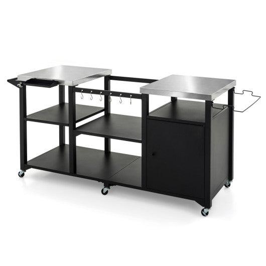 Outdoor Grill Cart with Cabinet Stainless Steel Tabletop and Hooks-Black