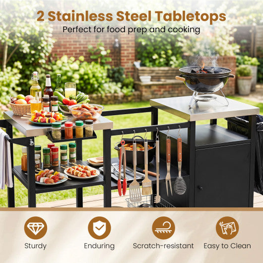 Outdoor Grill Cart with Cabinet Stainless Steel Tabletop and Hooks-Black