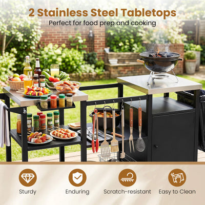Outdoor Grill Cart with Cabinet Stainless Steel Tabletop and Hooks-Black