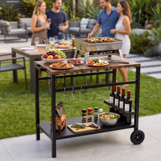 Outdoor Grill Cart with Spice Rack and Hooks for Patio and Garden-Brown
