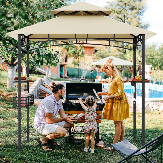 8 x 5 Feet Outdoor Grill Gazebo with 2 Side Shelves and 10 Hooks-Beige