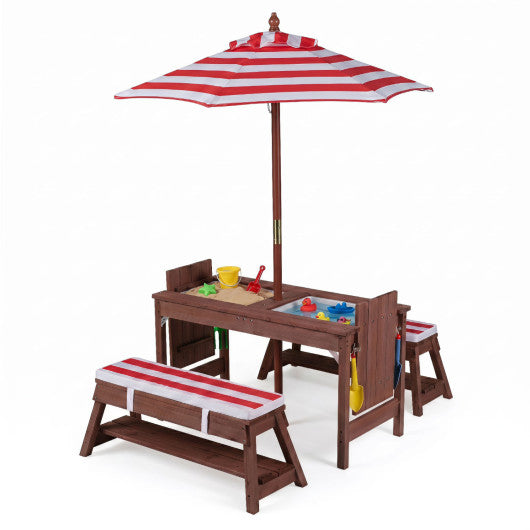 Outdoor Kids Wooden Picnic Table and Benches Set with Umbrella-Red