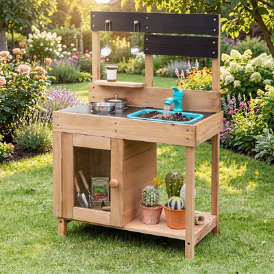 Wooden Play Pretend Kitchen with Stoves Storage Cabinet and Shelf