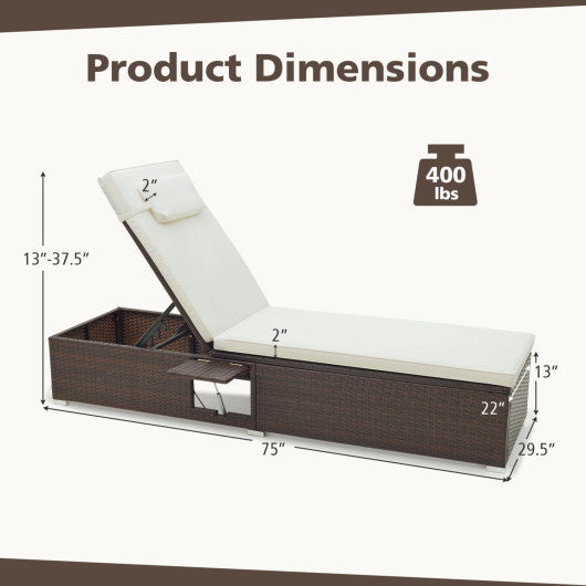 Outdoor PE Rattan Chaise Lounge with 6-level Backrest-Off White