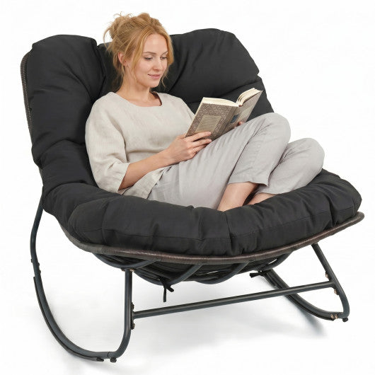Outdoor Papasan Rocking Chair with Thick Cushion and Pads-Black