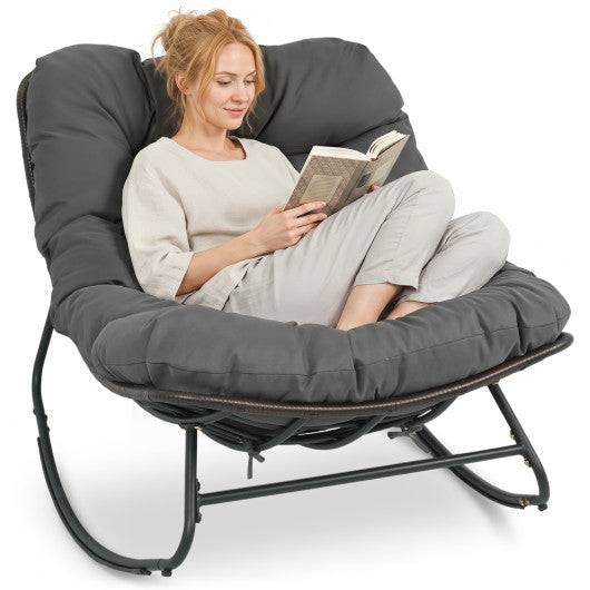 Outdoor Papasan Rocking Chair with Thick Cushion and Pads-Gray