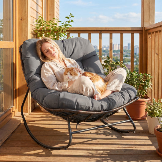 Outdoor Papasan Rocking Chair with Thick Cushion and Pads-Gray