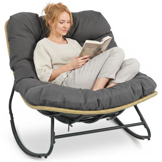 Outdoor Papasan Rocking Chair with Thick Cushioned Seat for Patio-Gray