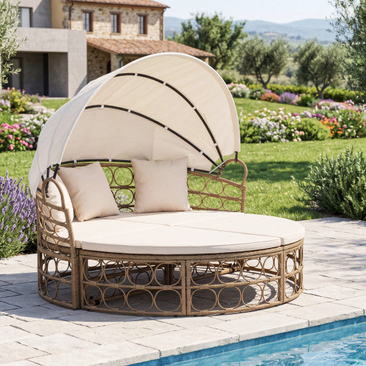 Outdoor Patio Daybed with Retractable Canopy and Cushions Yellow Wicker Rattan Furniture Set-White