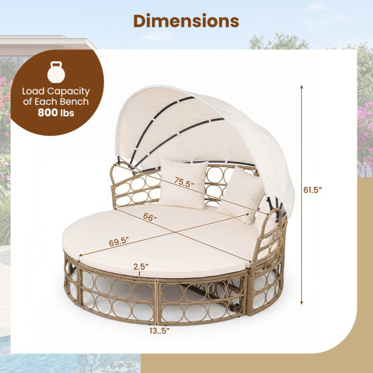 Outdoor Patio Daybed with Retractable Canopy and Cushions Yellow Wicker Rattan Furniture Set-White