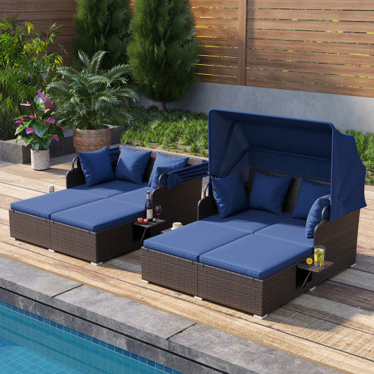Outdoor Patio Rattan Daybed with Retractable Canopy and Side Tables-Navy