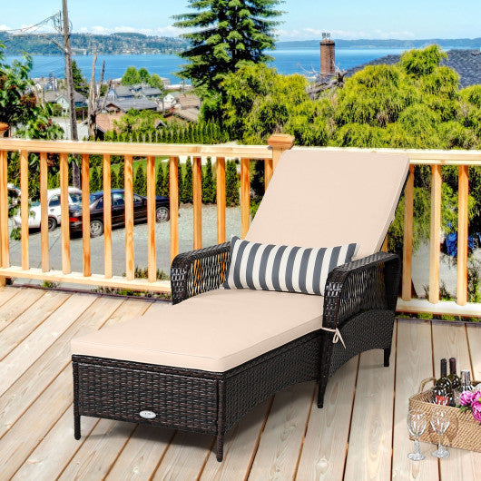 Outdoor Patio Wicker Chaise Lounge Chair with Adjustable Backrest and Pillow-Beige