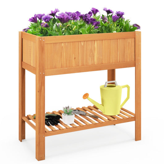 Outdoor Raised Garden Bed Fir Wood Planter Box with Bottom Storage Shelf and Protective Liner-Orange