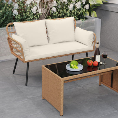 Outdoor Rattan 2-Seat Chair with Seat Back Cushions and Heavy-Duty Metal Legs-White