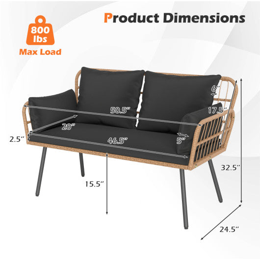 Outdoor Rattan 2-Seat Chair with Seat Back Cushions and Heavy-Duty Metal Legs-Black