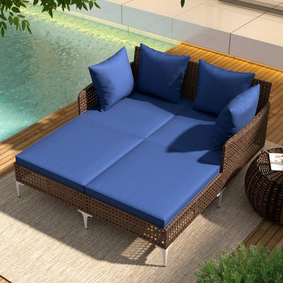 Outdoor Rattan Double Daybed Wicker Chaise Lounge-Navy