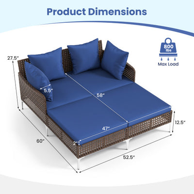Outdoor Rattan Double Daybed Wicker Chaise Lounge-Navy