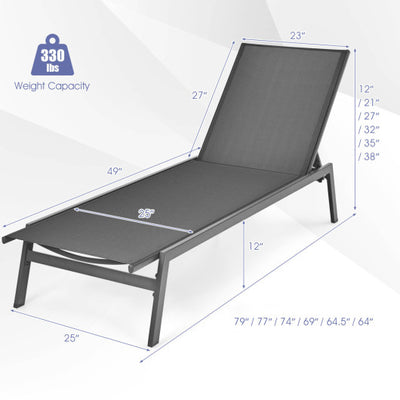 Outdoor Reclining Chaise Lounge Chair with 6-Position Adjustable Back-Gray