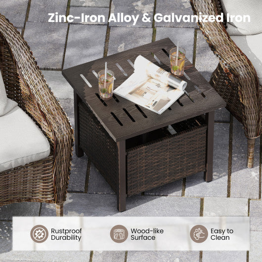 Outdoor Side Table All-Weather PE Wicker Patio Table with Umbrella Hole-Brown