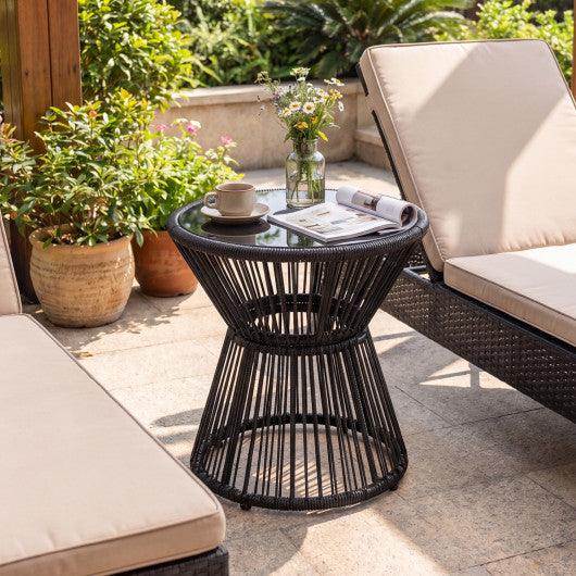 Outdoor Side Table with LED Warm Light and Tempered Glass Top-Black