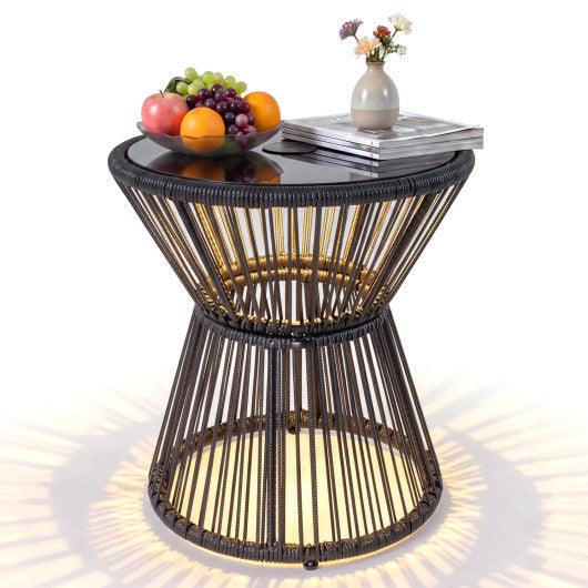 Outdoor Side Table with LED Warm Light and Tempered Glass Top-Black