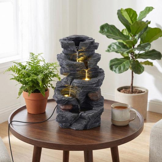 Outdoor Water Fountain with LED Lights and Pump 5-Tier Tabletop Cascading Rock Waterfall Feature