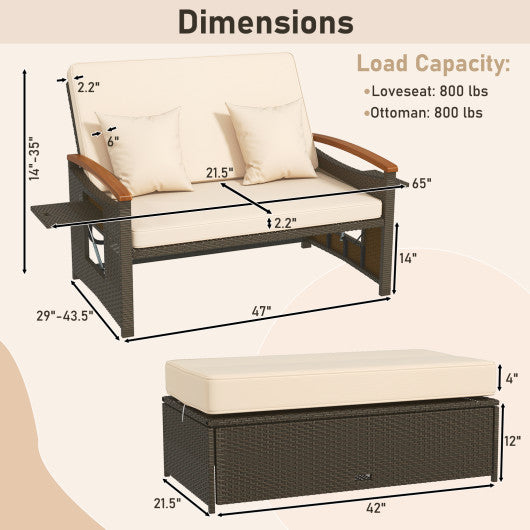 Outdoor Wicker Daybed with Folding Panels and Storage Ottoman-Beige