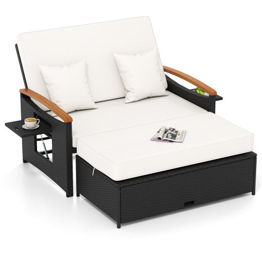 Outdoor Wicker Daybed with Folding Panels and Storage Ottoman-White