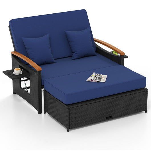 Outdoor Wicker Daybed with Folding Panels and Storage Ottoman-Dark Blue