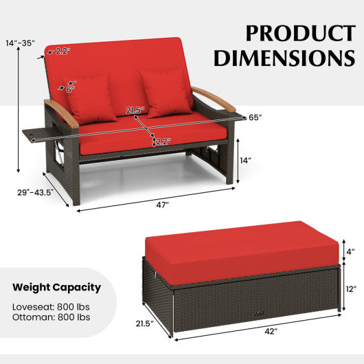 Outdoor Wicker Daybed with Folding Panels and Storage Ottoman-Red