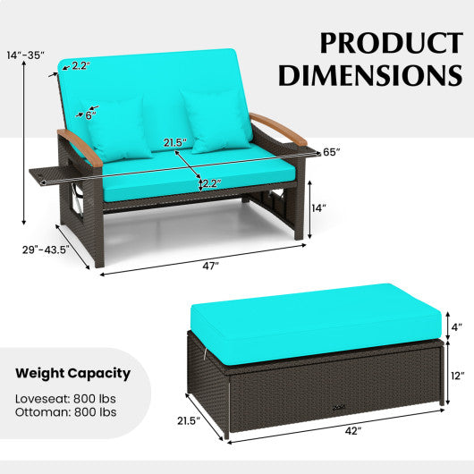 Outdoor Wicker Daybed with Folding Panels and Storage Ottoman-Green
