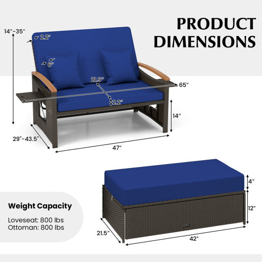 Outdoor Wicker Daybed with Folding Panels and Storage Ottoman-Navy