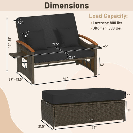 Outdoor Wicker Daybed with Folding Panels and Storage Ottoman-Black