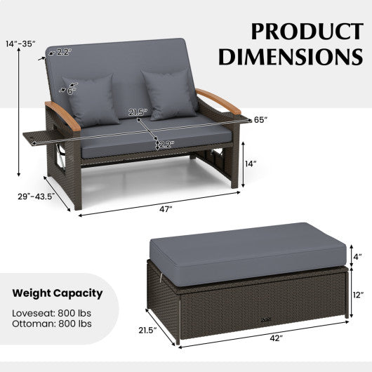 Outdoor Wicker Daybed with Folding Panels and Storage Ottoman-Gray