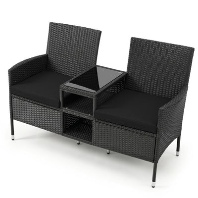 Outdoor Wicker Patio Loveseat with Built-in Glass Side Table-Black
